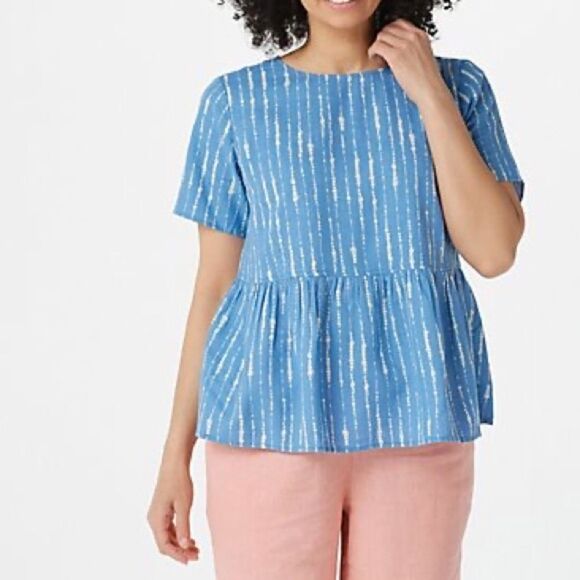 Denim & Co. Naturals Printed Linen Blend Peplum Blouse - Picture 1 of 5